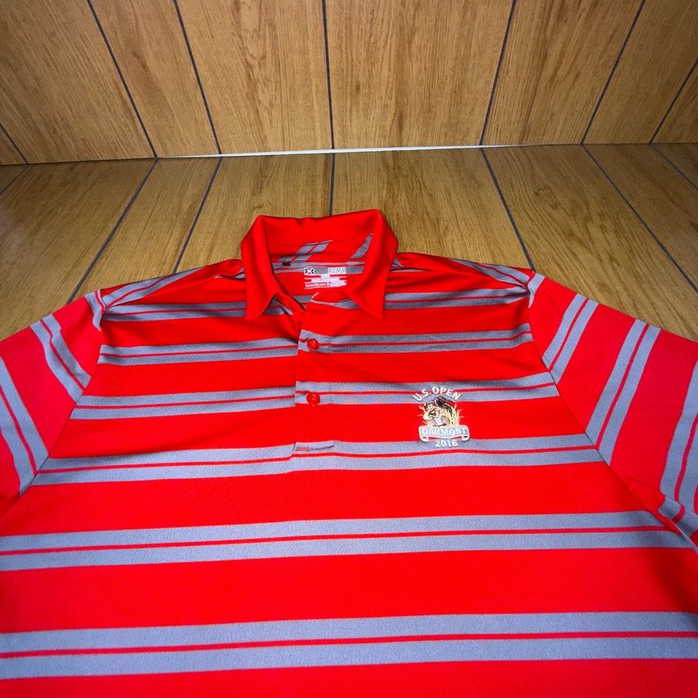 Under Armour U.S. Open Oakmont 2016 Golf Polo Shirt Mens Medium Red Striped - Picture 4 of 15